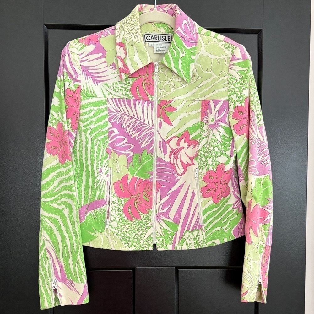 Carlisle Vintage Tropical Floral Jacket in Pink/Green/White 98% Cotton. Size 4